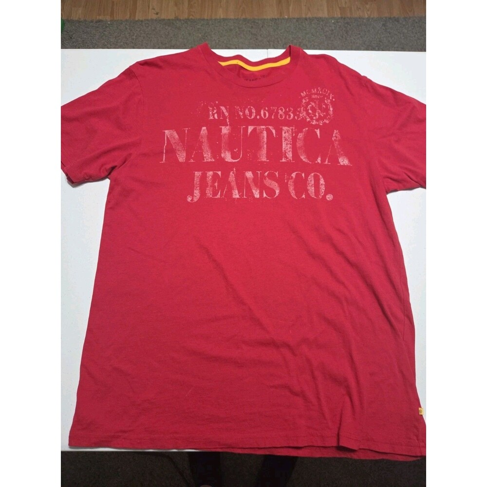 Nautica Jeans Co T Shirt Large L Red Distressed Spellout Graphic Tee Cotton